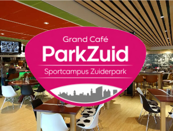 het logo van Grand Café ParkZuid met op de achtergrond het café