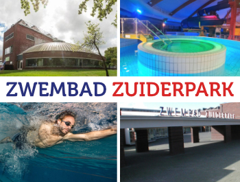 Een afbeelding met het zwembad Zuiderpark, het bubbelbad en een man die onderwater zwemt