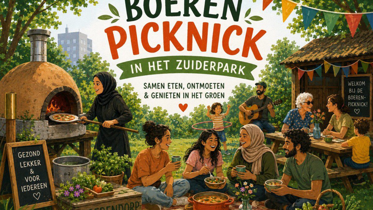 Mensen die gezellig zitten te kletsen en aan het eten zijn.