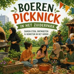 Mensen die gezellig zitten te kletsen en aan het eten zijn.