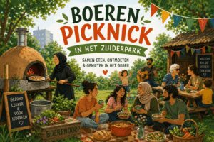 Mensen die gezellig zitten te kletsen en aan het eten zijn.